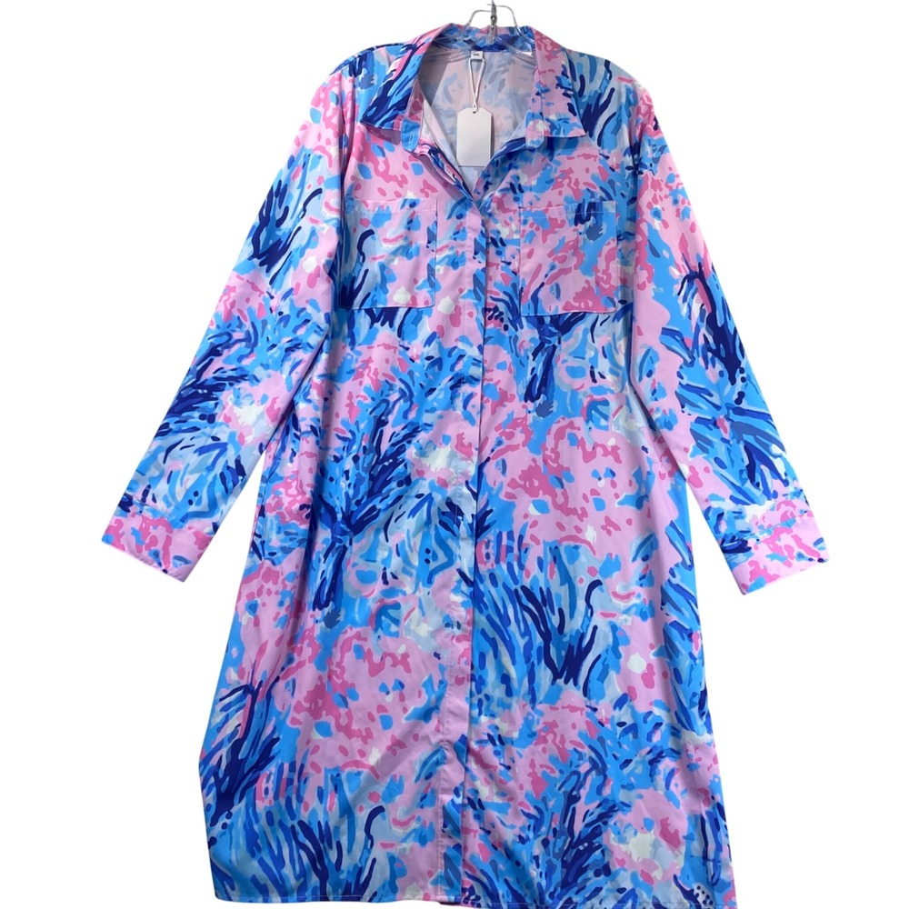 Womens XXL Pink Blue Abstract Print Long Sleeve Button Up Midi Night Dress